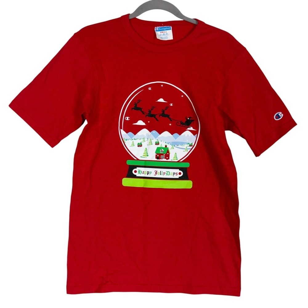 Champion Shirt Mens Small Red Happy JollyDays Snow Globe Santa Christmas Tee